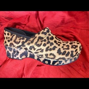 DANSKO leopard calf skin clogs.